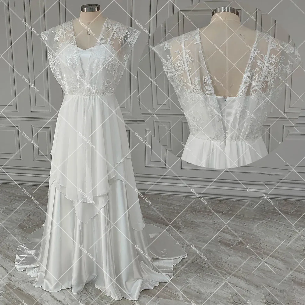 1920s Vintage Chiffon Wedding Dress Beading Irregular Satin Lace Classic Bridal Gown Sweetheart A Line Open Back Customized