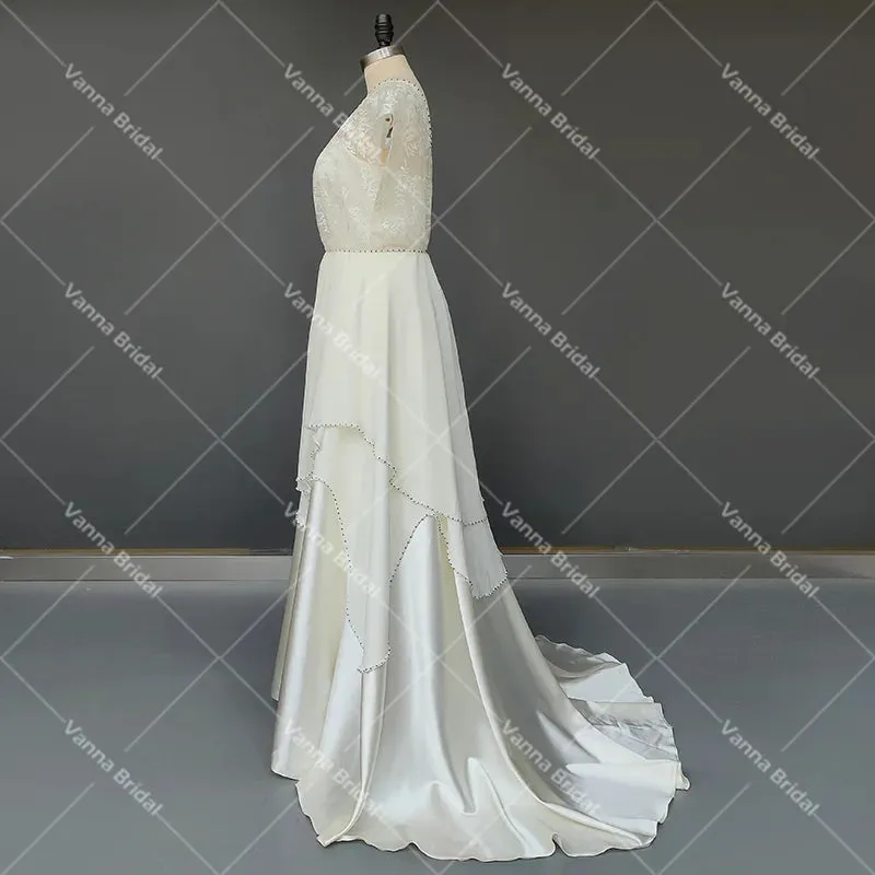 1920s Vintage Chiffon Wedding Dress Beading Irregular Satin Lace Classic Bridal Gown Sweetheart A Line Open Back Customized