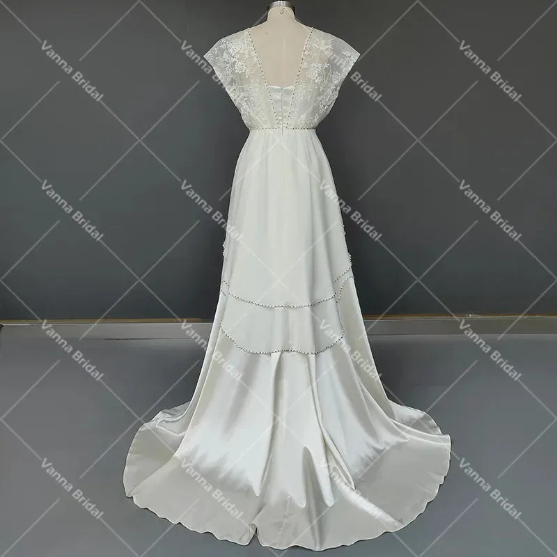 1920s Vintage Chiffon Wedding Dress Beading Irregular Satin Lace Classic Bridal Gown Sweetheart A Line Open Back Customized