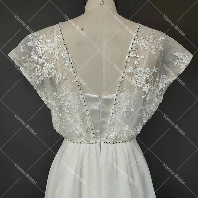 1920s Vintage Chiffon Wedding Dress Beading Irregular Satin Lace Classic Bridal Gown Sweetheart A Line Open Back Customized