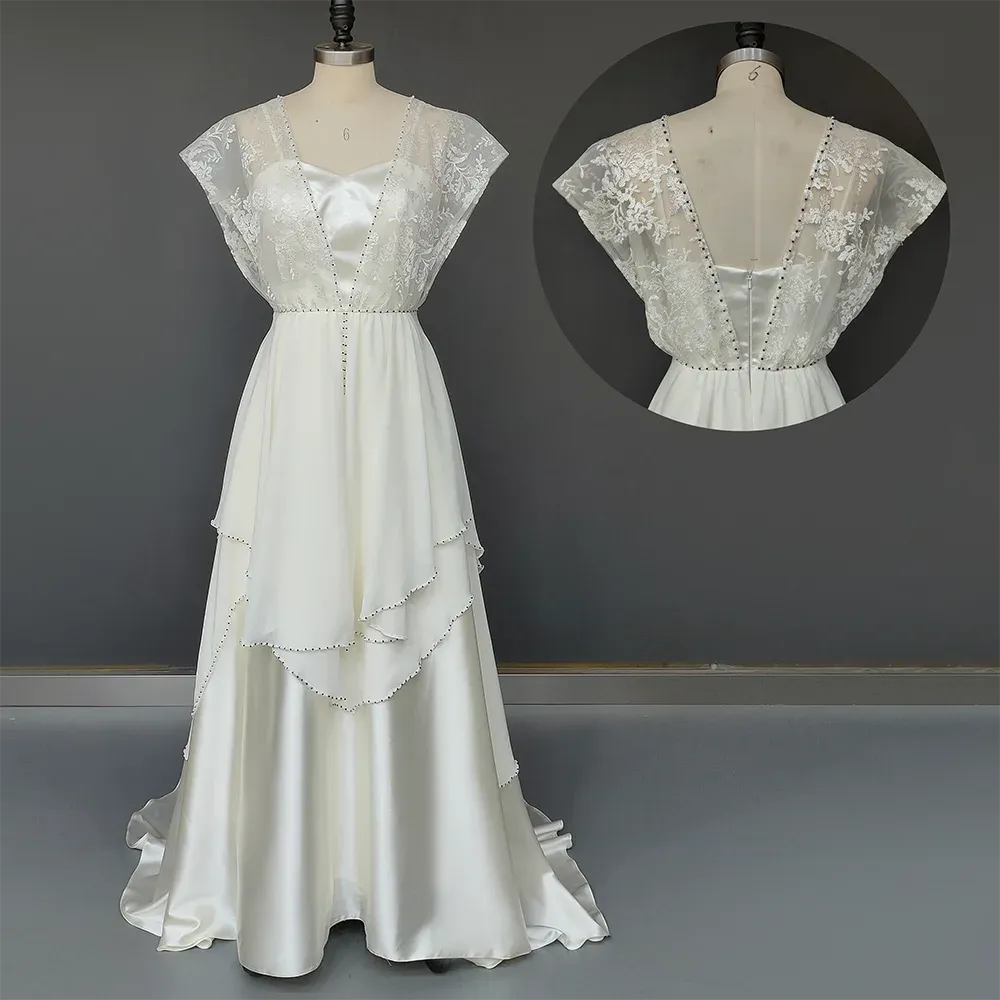1920s Vintage Chiffon Wedding Dress Beading Irregular Satin Lace Classic Bridal Gown Sweetheart A Line Open Back Customized