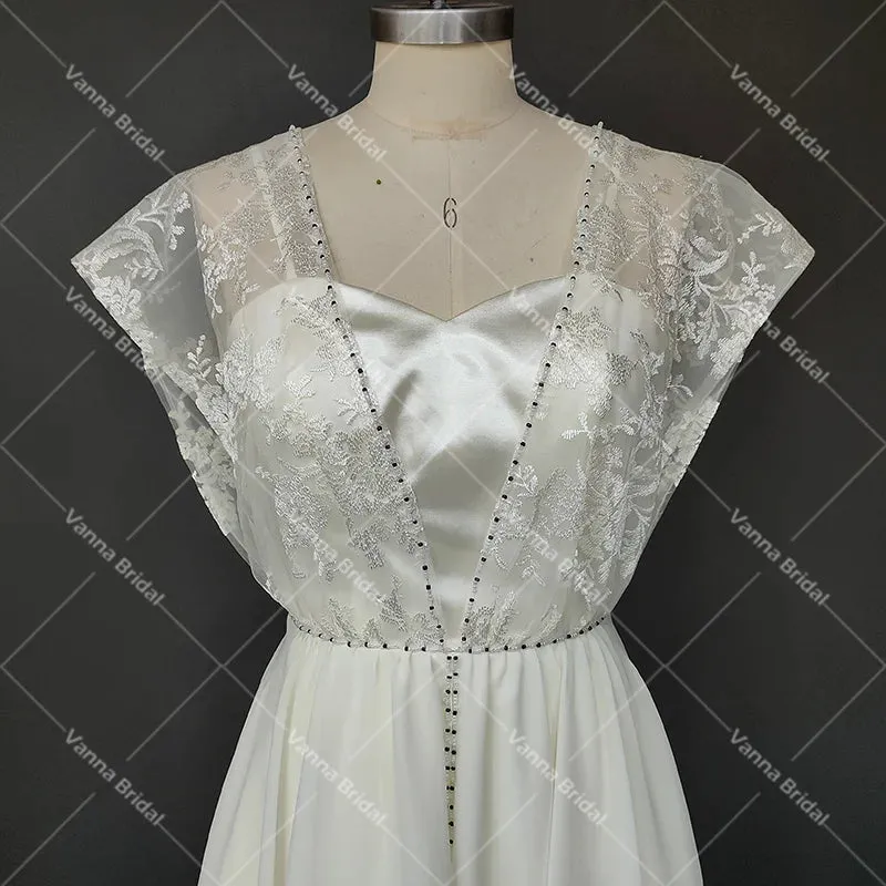 1920s Vintage Chiffon Wedding Dress Beading Irregular Satin Lace Classic Bridal Gown Sweetheart A Line Open Back Customized