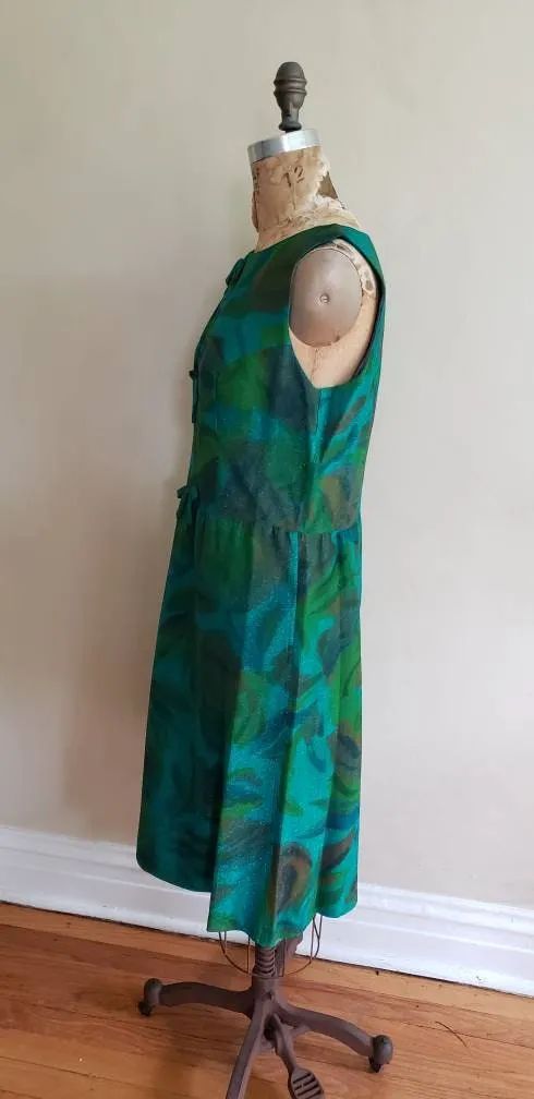 1960s Alice Edwards Green Blue Floral Print Shift Cocktail Dress / 60s Sleeveless Summer Dress Marshall Fields Large