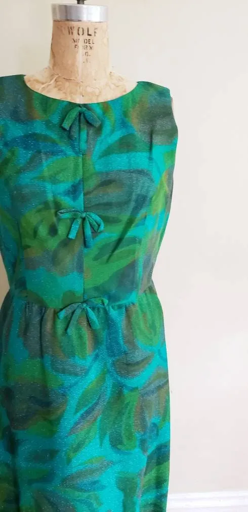 1960s Alice Edwards Green Blue Floral Print Shift Cocktail Dress / 60s Sleeveless Summer Dress Marshall Fields Large