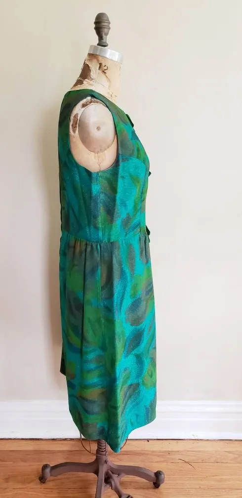 1960s Alice Edwards Green Blue Floral Print Shift Cocktail Dress / 60s Sleeveless Summer Dress Marshall Fields Large