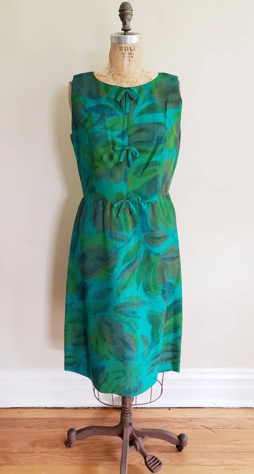 1960s Alice Edwards Green Blue Floral Print Shift Cocktail Dress / 60s Sleeveless Summer Dress Marshall Fields Large