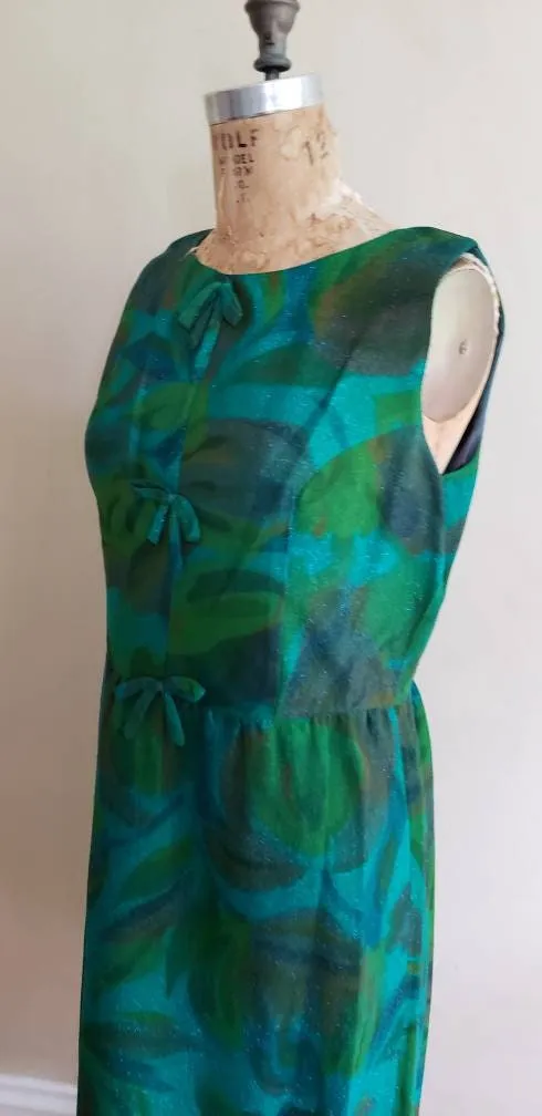 1960s Alice Edwards Green Blue Floral Print Shift Cocktail Dress / 60s Sleeveless Summer Dress Marshall Fields Large