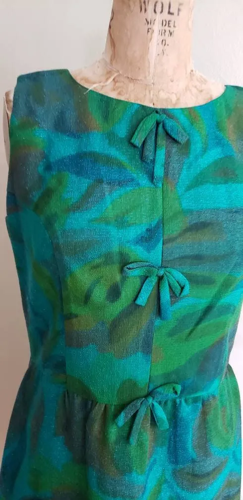 1960s Alice Edwards Green Blue Floral Print Shift Cocktail Dress / 60s Sleeveless Summer Dress Marshall Fields Large