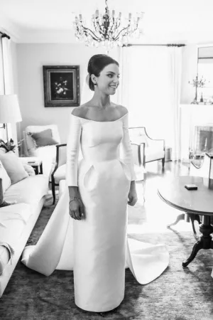 3/4 Sleeves Satin Bridal Dresses with Attached Train