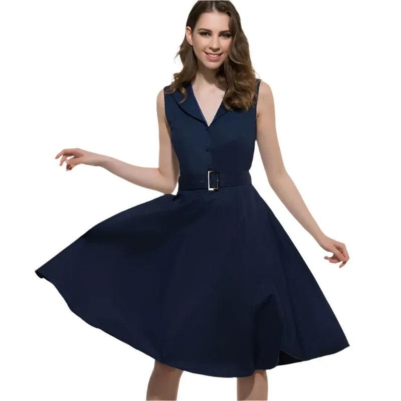 50s 60s Women Vintage Dresses Summer Elegant Dress Sleeveless Party Dresses dark blue style a line rockabilly dress