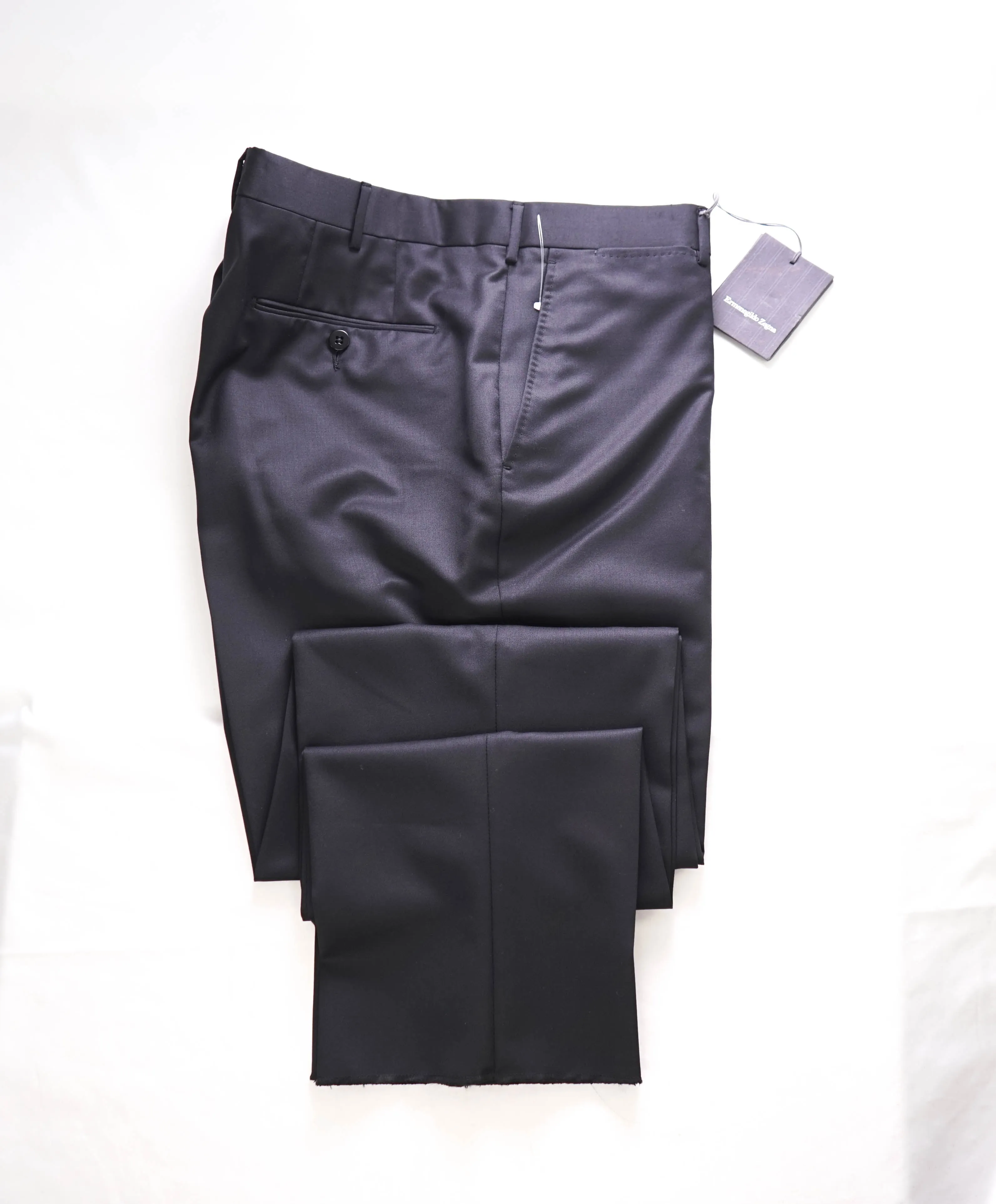 $695 ERMENEGILDO ZEGNA - Black Wool “MICRONSPHERE" Flat Front Trousers- 38W