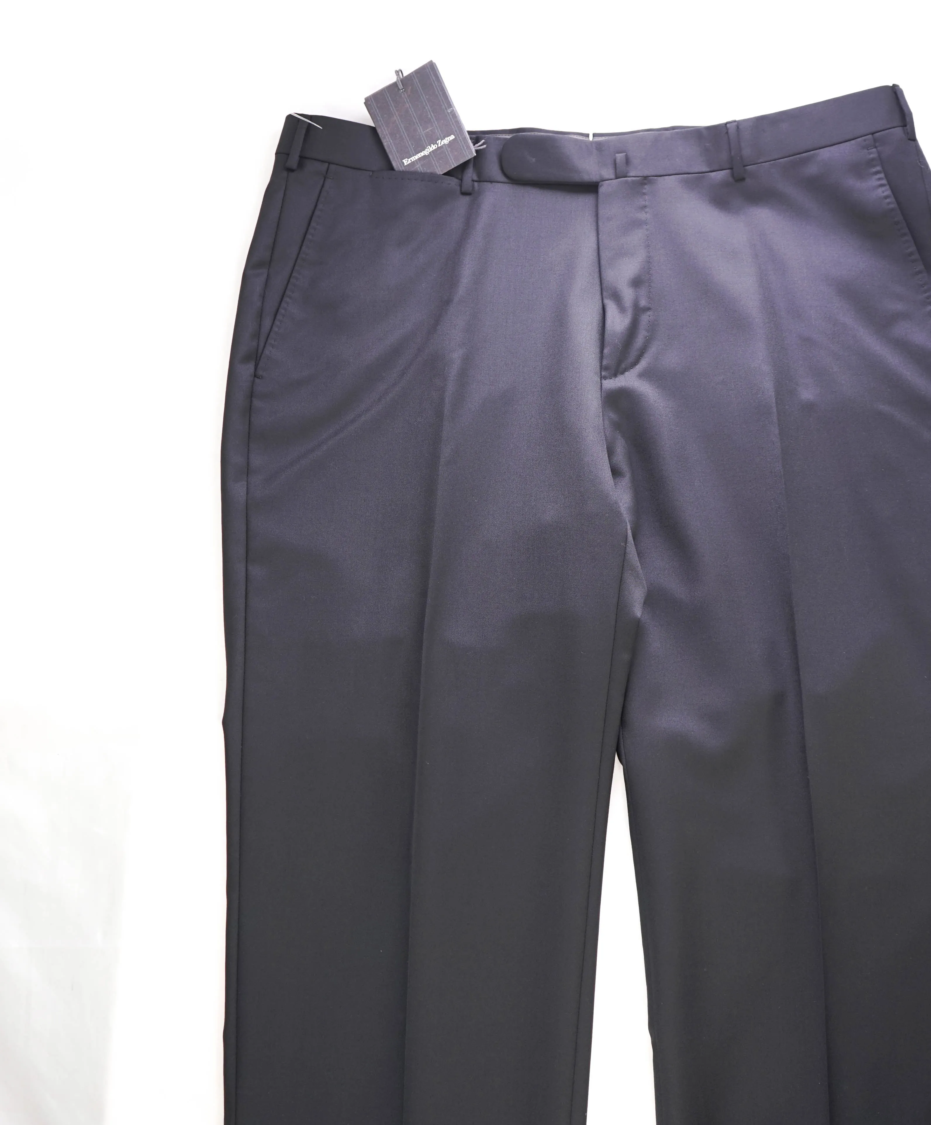 $695 ERMENEGILDO ZEGNA - Black Wool “MICRONSPHERE" Flat Front Trousers- 38W
