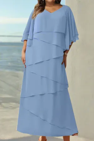 A Line Blue Layers V-Neck Mother of The Bride Dresses with Jacket