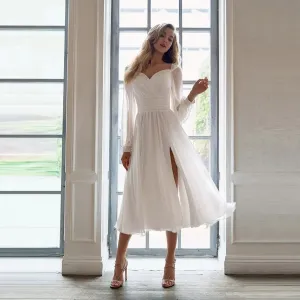 A line elegant simple V-neck pleated wedding dress sexy side slit long sleeves plus size Bohemian ladies new bridal dress