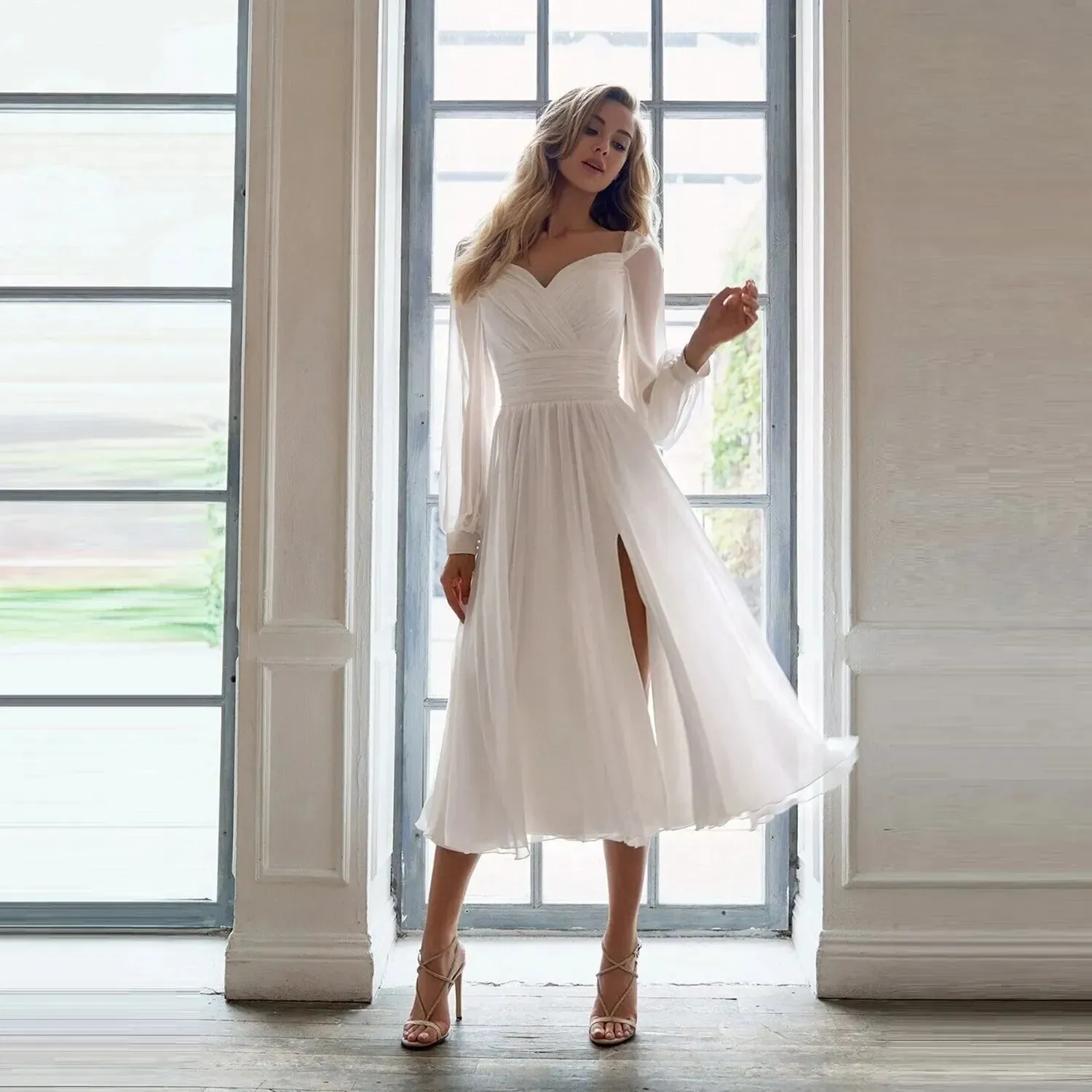 A line elegant simple V-neck pleated wedding dress sexy side slit long sleeves plus size Bohemian ladies new bridal dress