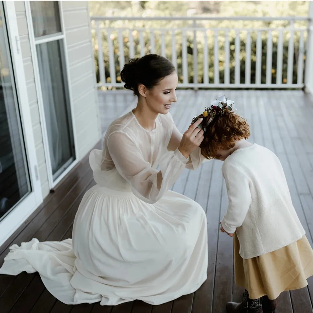 A Line Transparent Long Puffy Sleeve Wedding Dress Customized Spaghetti Straps Chiffon Rustic Elopement Classic Bridal Gowns