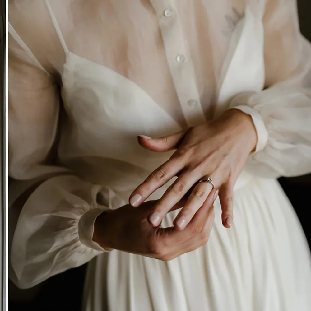 A Line Transparent Long Puffy Sleeve Wedding Dress Customized Spaghetti Straps Chiffon Rustic Elopement Classic Bridal Gowns