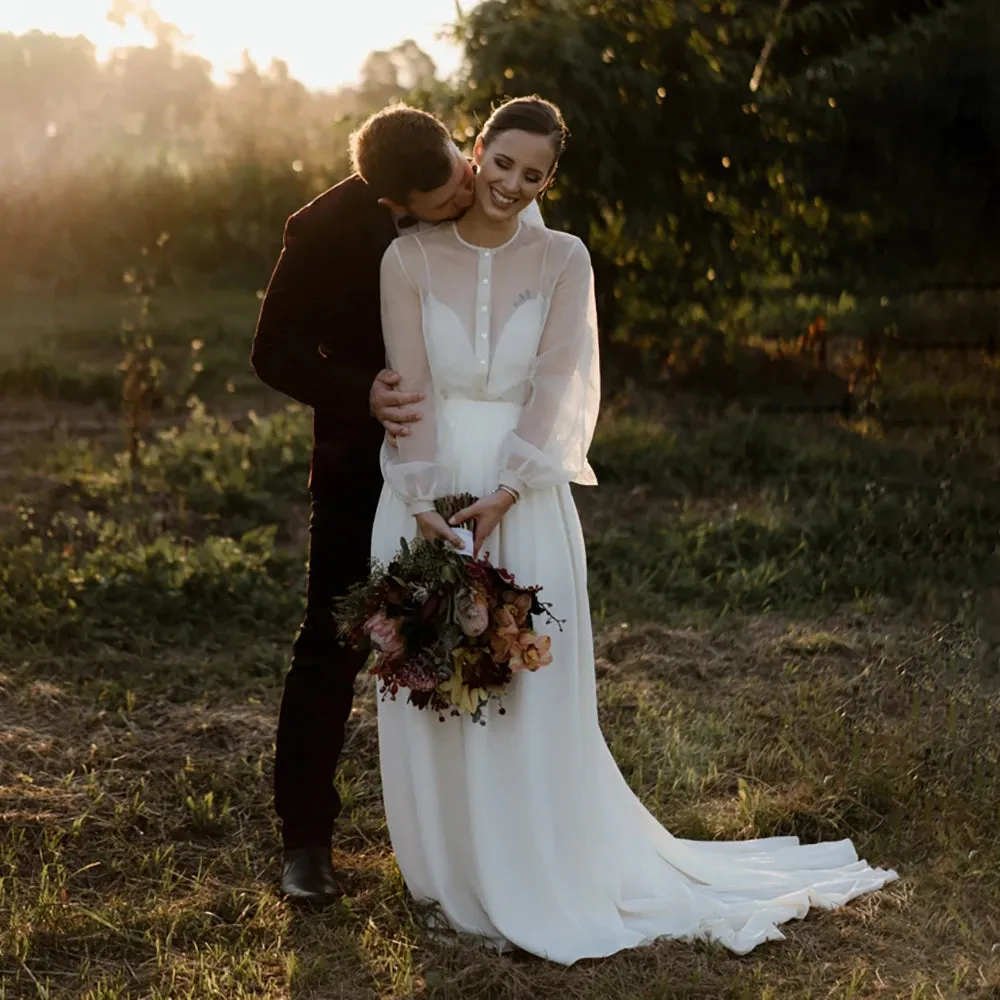 A Line Transparent Long Puffy Sleeve Wedding Dress Customized Spaghetti Straps Chiffon Rustic Elopement Classic Bridal Gowns