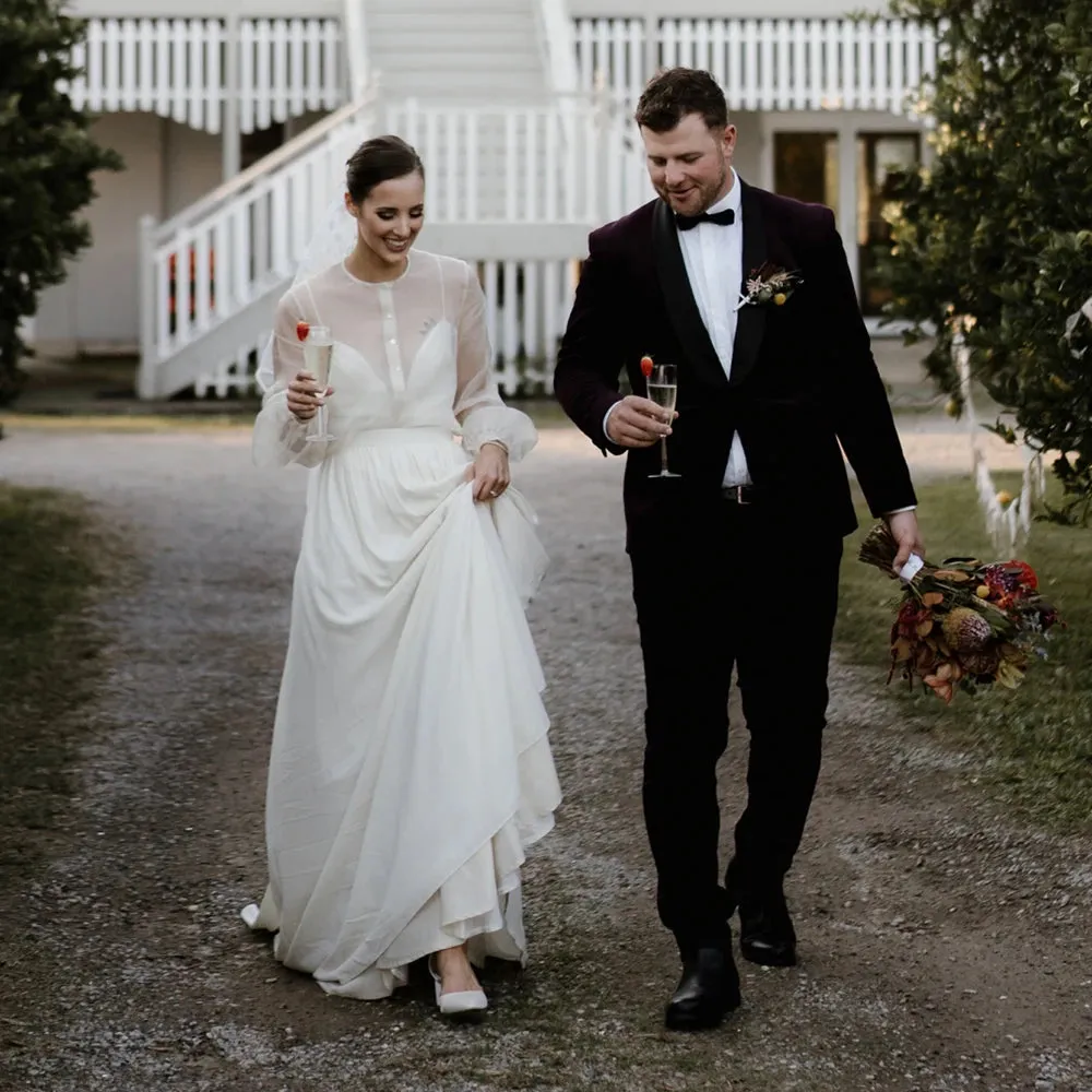 A Line Transparent Long Puffy Sleeve Wedding Dress Customized Spaghetti Straps Chiffon Rustic Elopement Classic Bridal Gowns