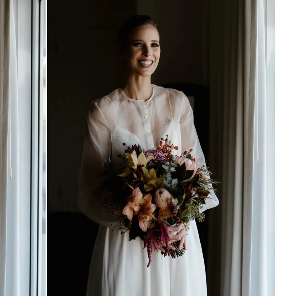 A Line Transparent Long Puffy Sleeve Wedding Dress Customized Spaghetti Straps Chiffon Rustic Elopement Classic Bridal Gowns