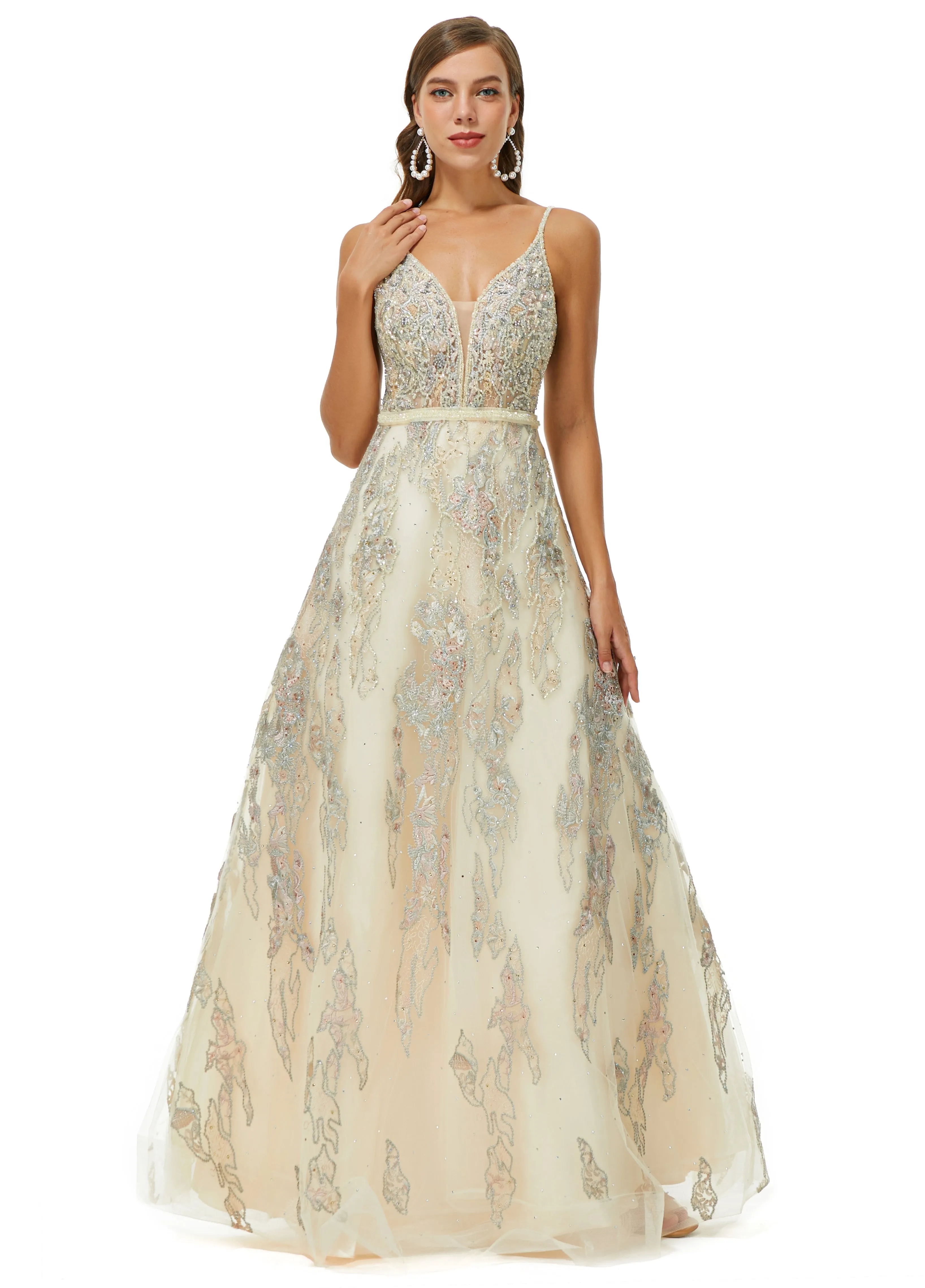 A-line V-neck Spaghetti strap Lace Floor-length Sleeveless Beading Prom Dress