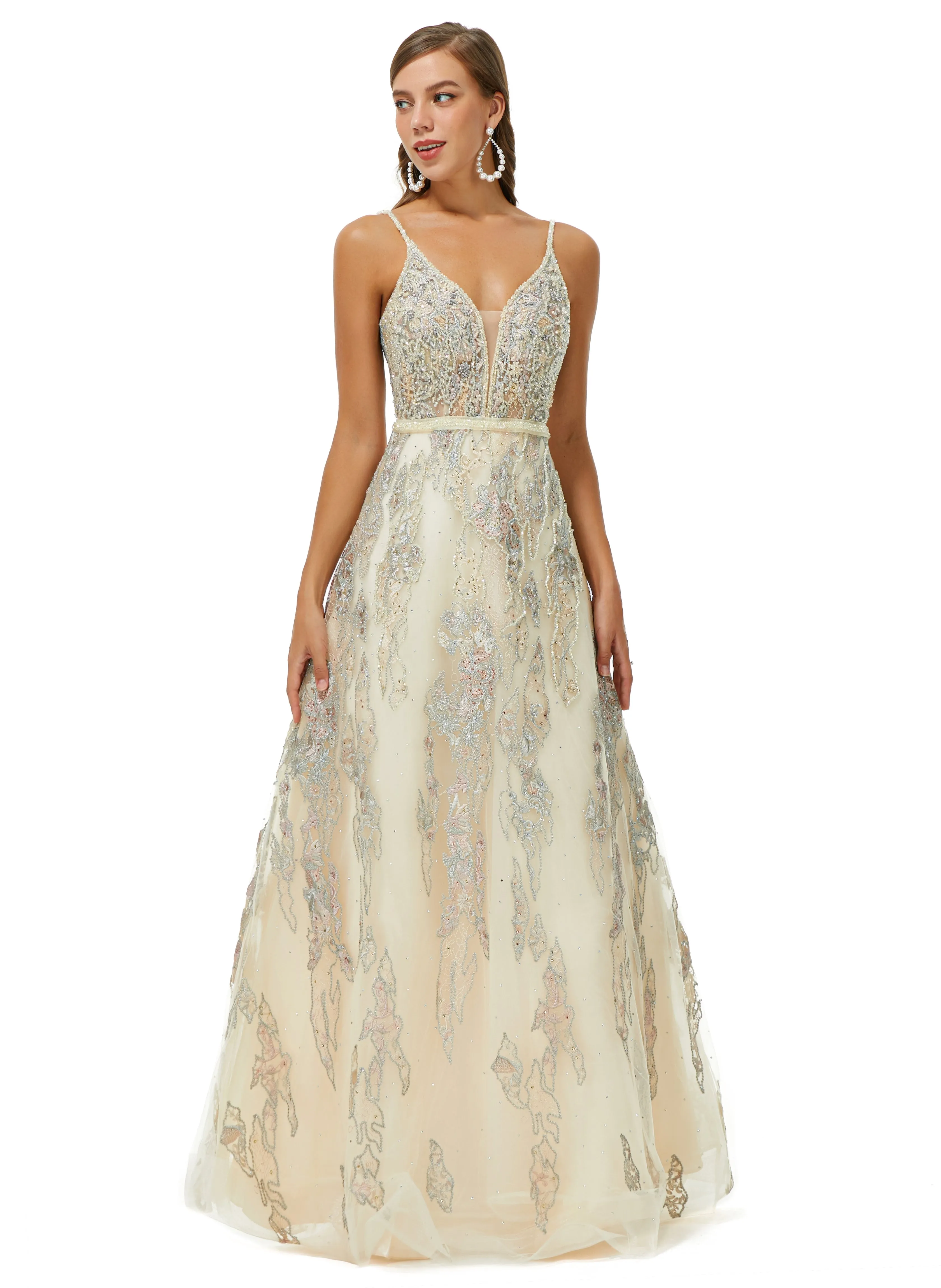 A-line V-neck Spaghetti strap Lace Floor-length Sleeveless Beading Prom Dress