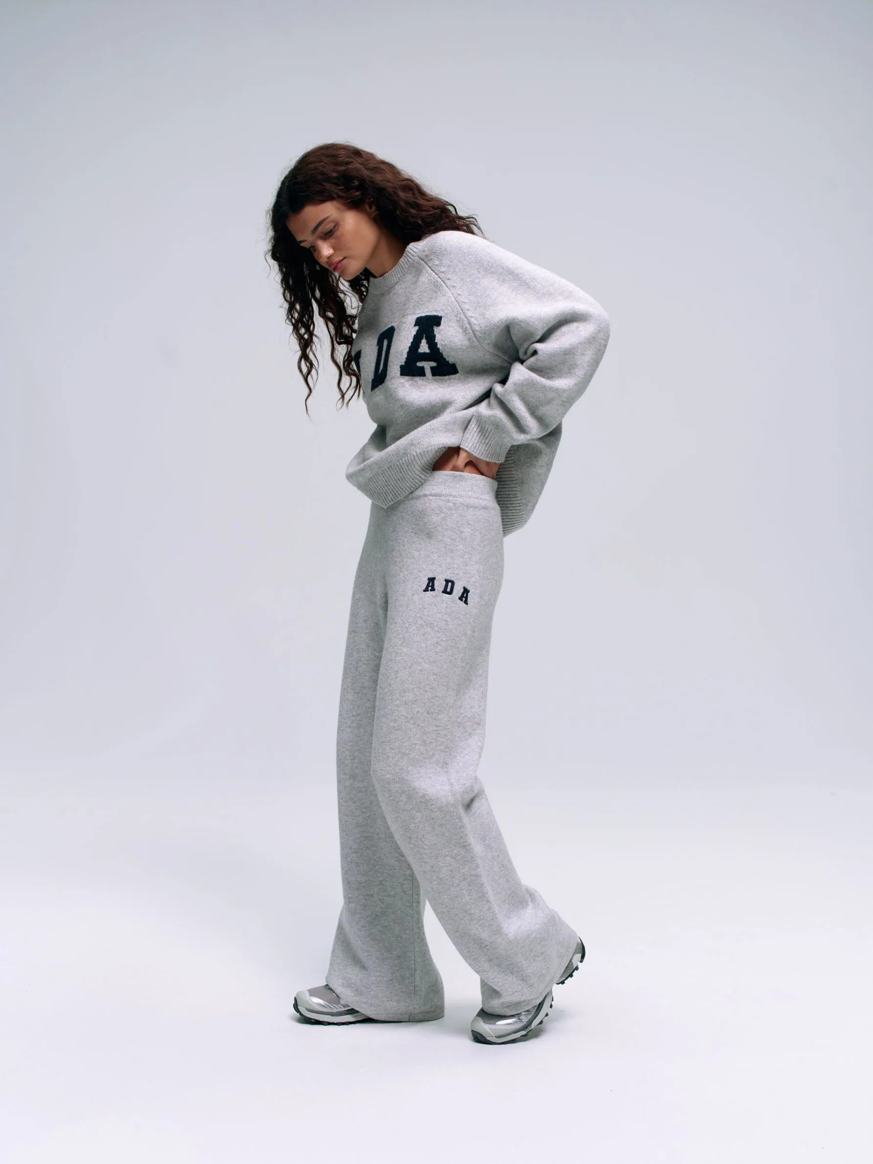 ADA Knit Straight Leg Sweatpants  - Light Grey Melange/Navy Blue