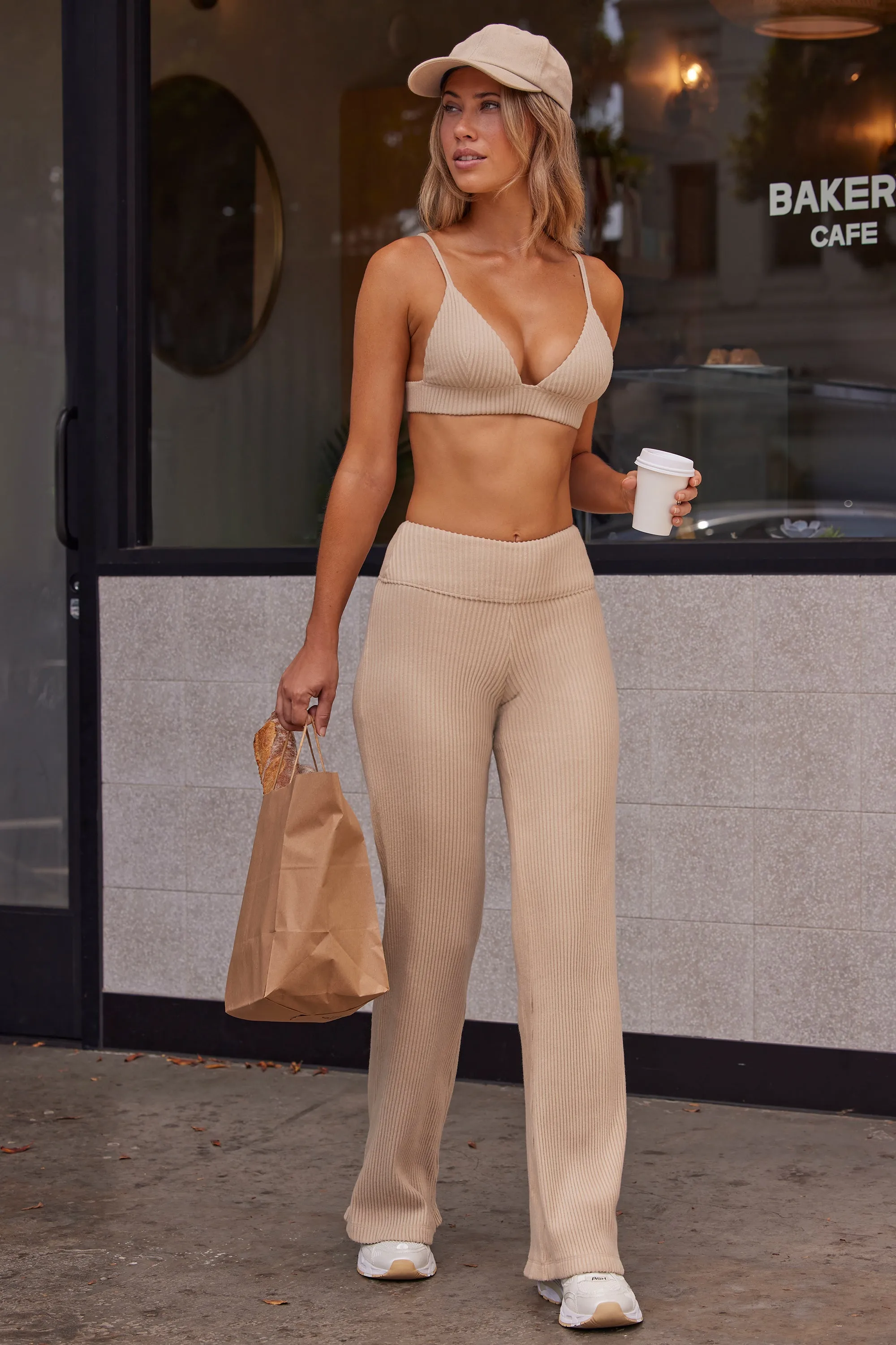 Alignment - Petite Soft Rib High Waist Wide Leg Fold Over Trousers in Sand
