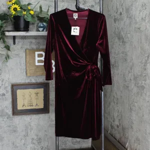 Anne Klein Velvet Wrap Sheath Dress 10813028 Merlot Purple Red L