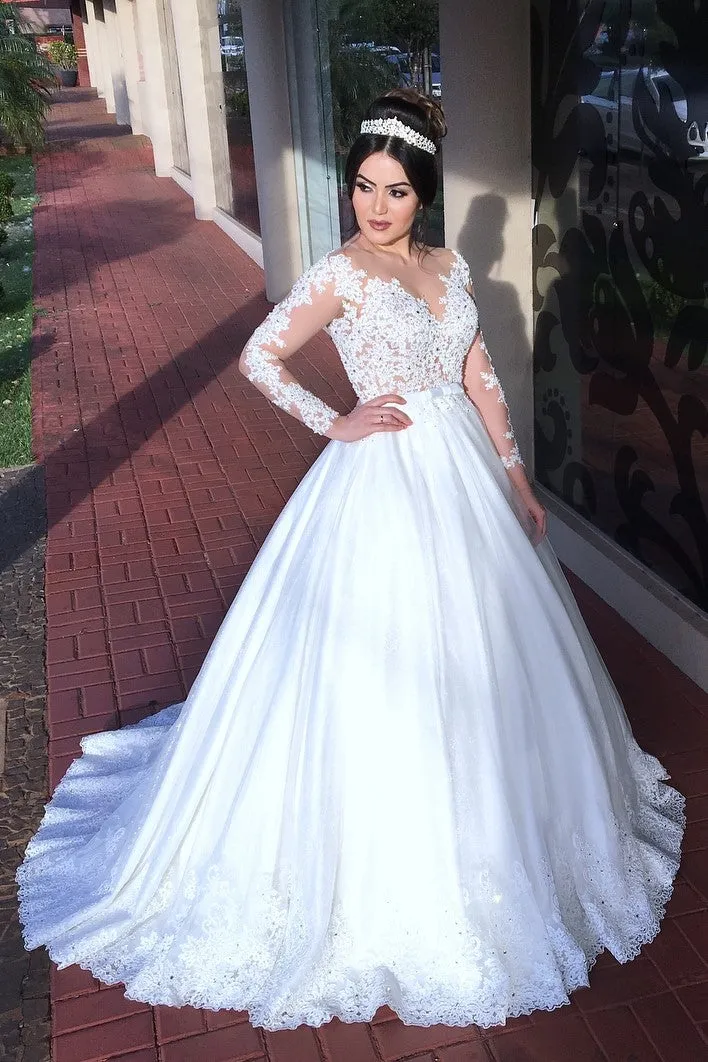 Appliqued Train Wedding Dresses with Illusion Long Sleeves
