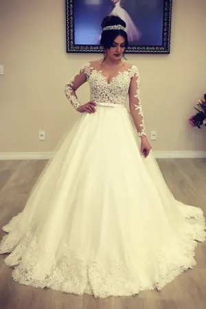 Appliqued Train Wedding Dresses with Illusion Long Sleeves