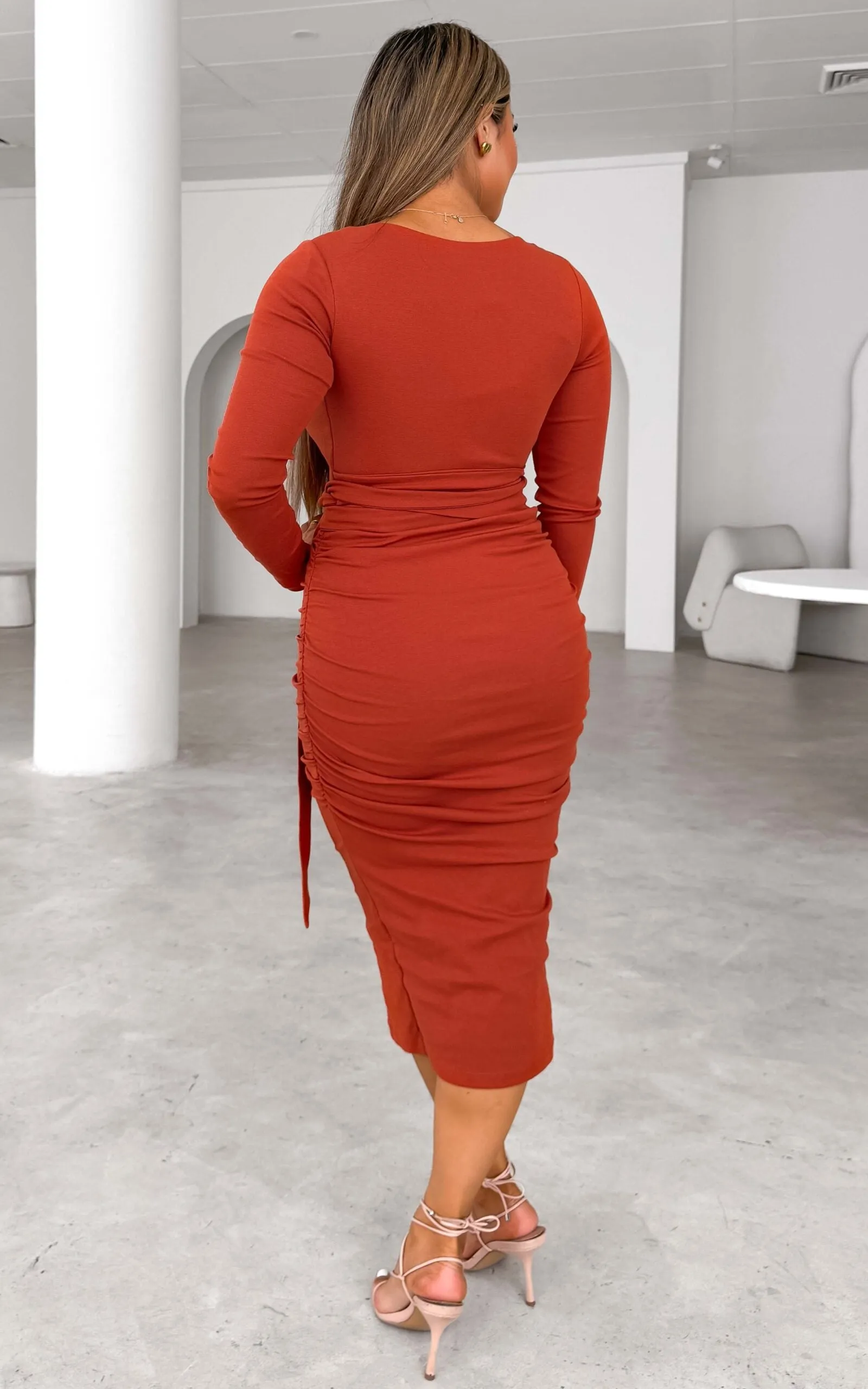 Aston Long Sleeve Midi Dress - Rust