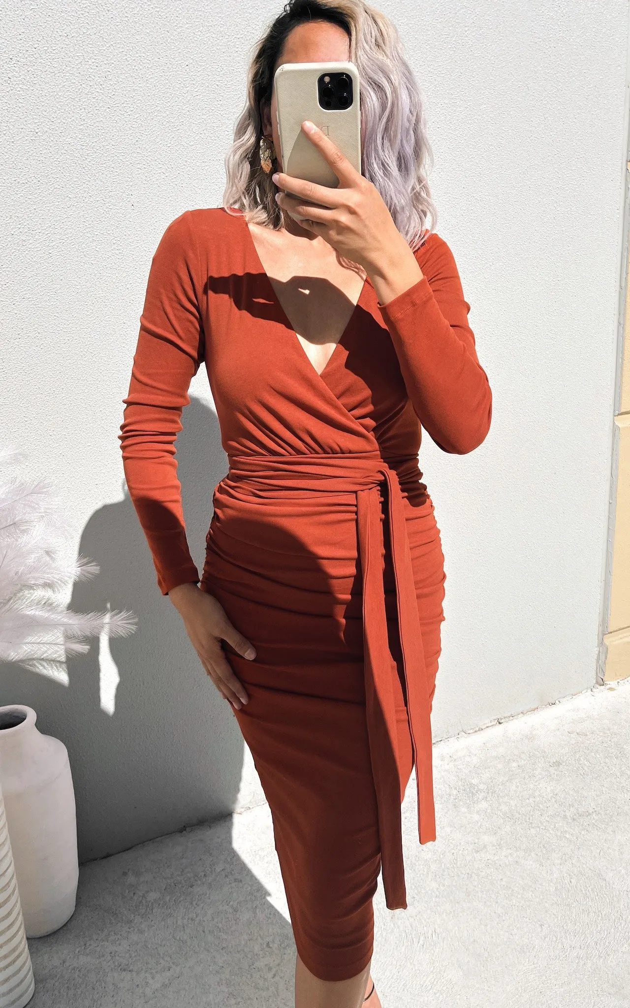 Aston Long Sleeve Midi Dress - Rust