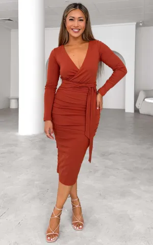 Aston Long Sleeve Midi Dress - Rust