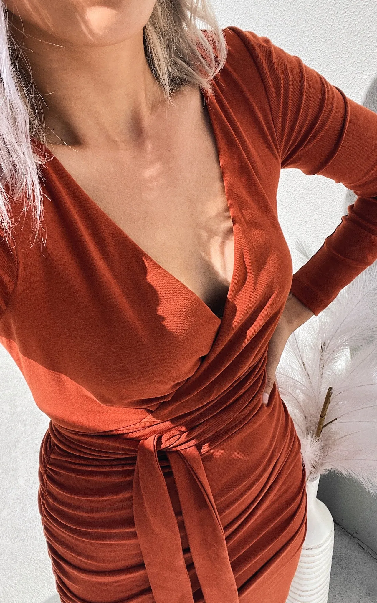Aston Long Sleeve Midi Dress - Rust