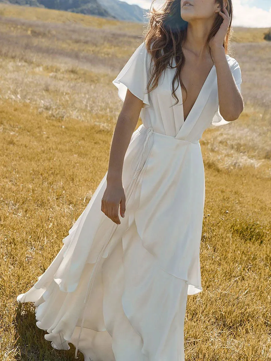 Athena Classic Wedding Gown Customized Chiffon Short Flutter Sleeves Low V-Neck Irregular Wrap A Line Rustic Bridal Dress