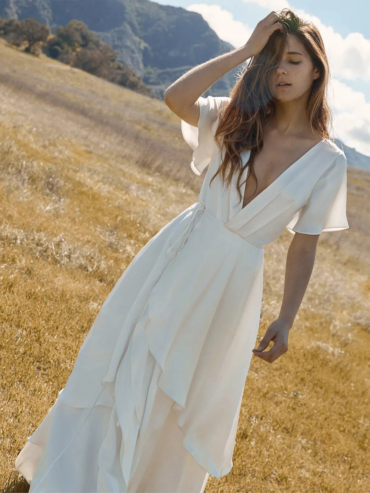 Athena Classic Wedding Gown Customized Chiffon Short Flutter Sleeves Low V-Neck Irregular Wrap A Line Rustic Bridal Dress