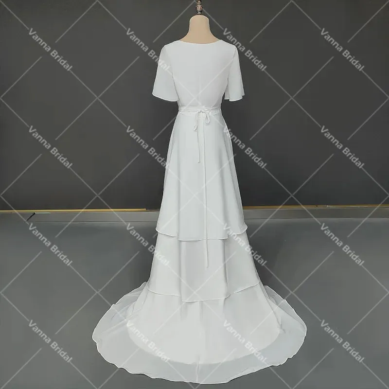 Athena Classic Wedding Gown Customized Chiffon Short Flutter Sleeves Low V-Neck Irregular Wrap A Line Rustic Bridal Dress