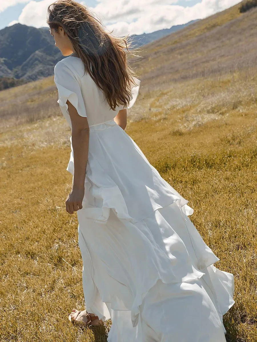Athena Classic Wedding Gown Customized Chiffon Short Flutter Sleeves Low V-Neck Irregular Wrap A Line Rustic Bridal Dress