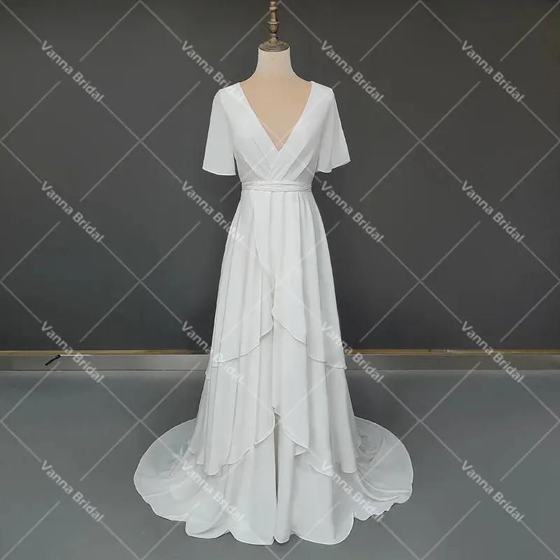 Athena Classic Wedding Gown Customized Chiffon Short Flutter Sleeves Low V-Neck Irregular Wrap A Line Rustic Bridal Dress