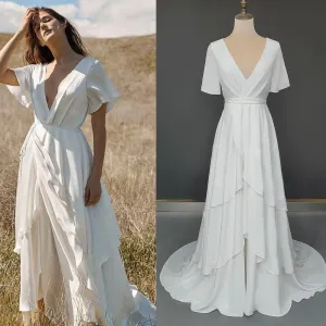 Athena Classic Wedding Gown Customized Chiffon Short Flutter Sleeves Low V-Neck Irregular Wrap A Line Rustic Bridal Dress