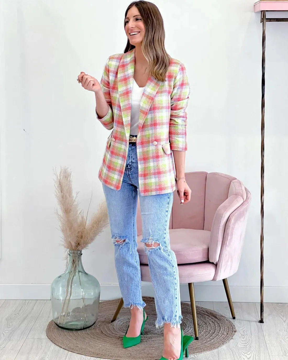 Autumn Winter Women Fashion Casual Plaid Long Sleeve Pocket Printed Double-Breasted Suit Jacket Blazers