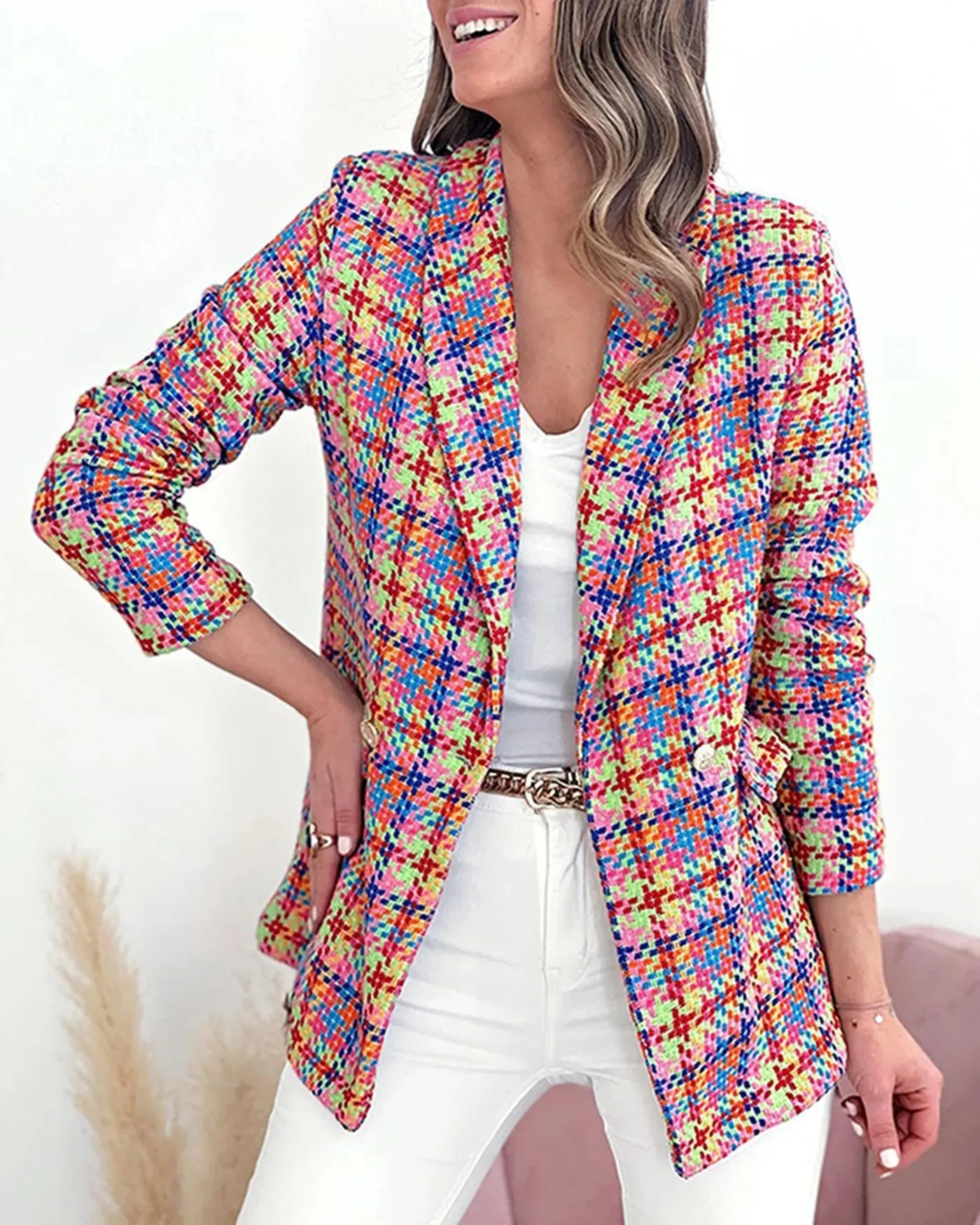 Autumn Winter Women Fashion Casual Plaid Long Sleeve Pocket Printed Double-Breasted Suit Jacket Blazers