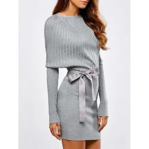Batwing Knit Dress With Bowknot Sash - Light Gray L