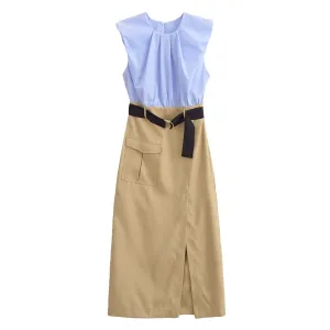 Belted Sleeveless Colorblock Shift Maxi Dress