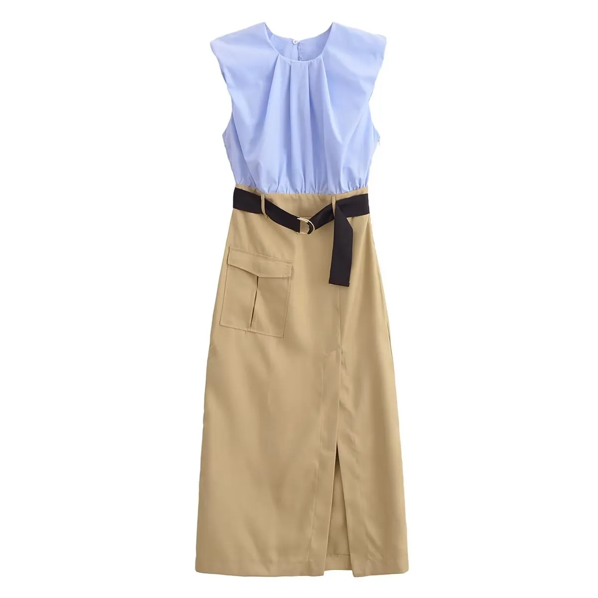 Belted Sleeveless Colorblock Shift Maxi Dress