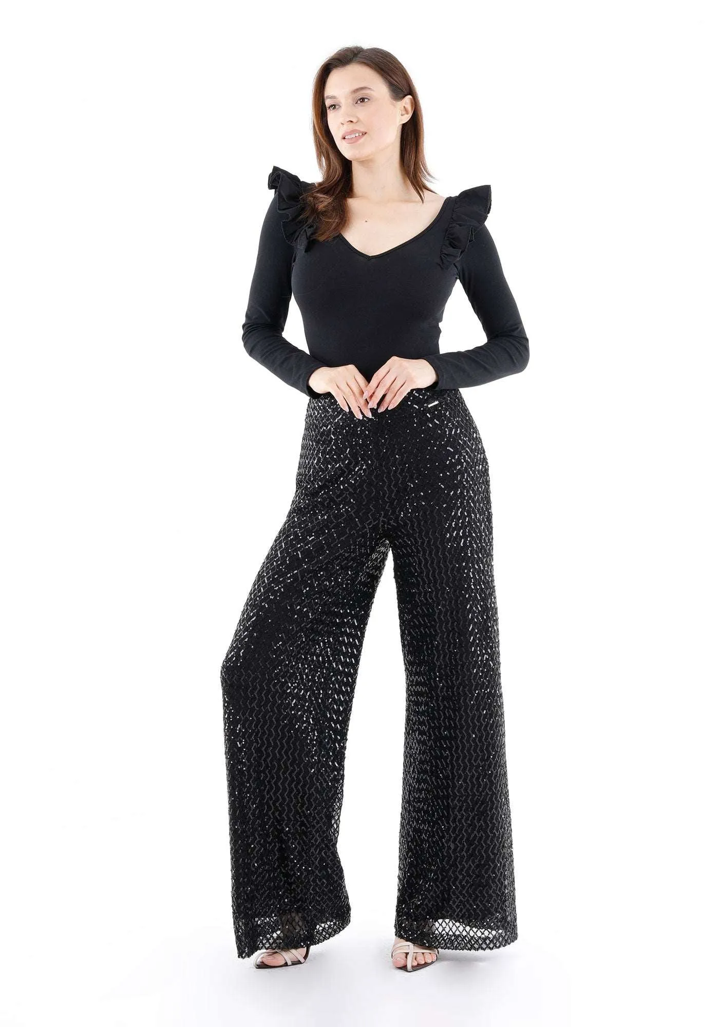 Black Cube Patterned Sequin Pants - G-Line