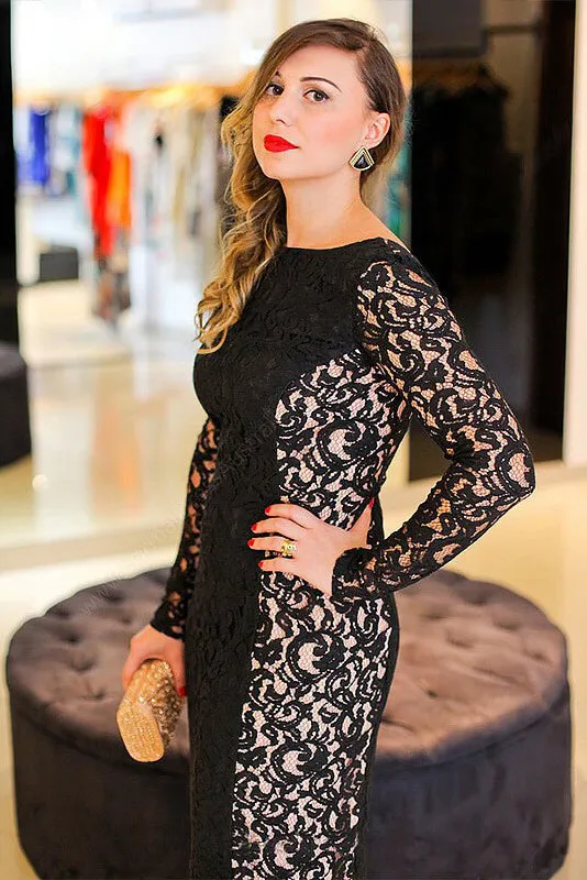 Black Lace Bateau Sheath Long Backless Plus Size Prom Dresses OK661
