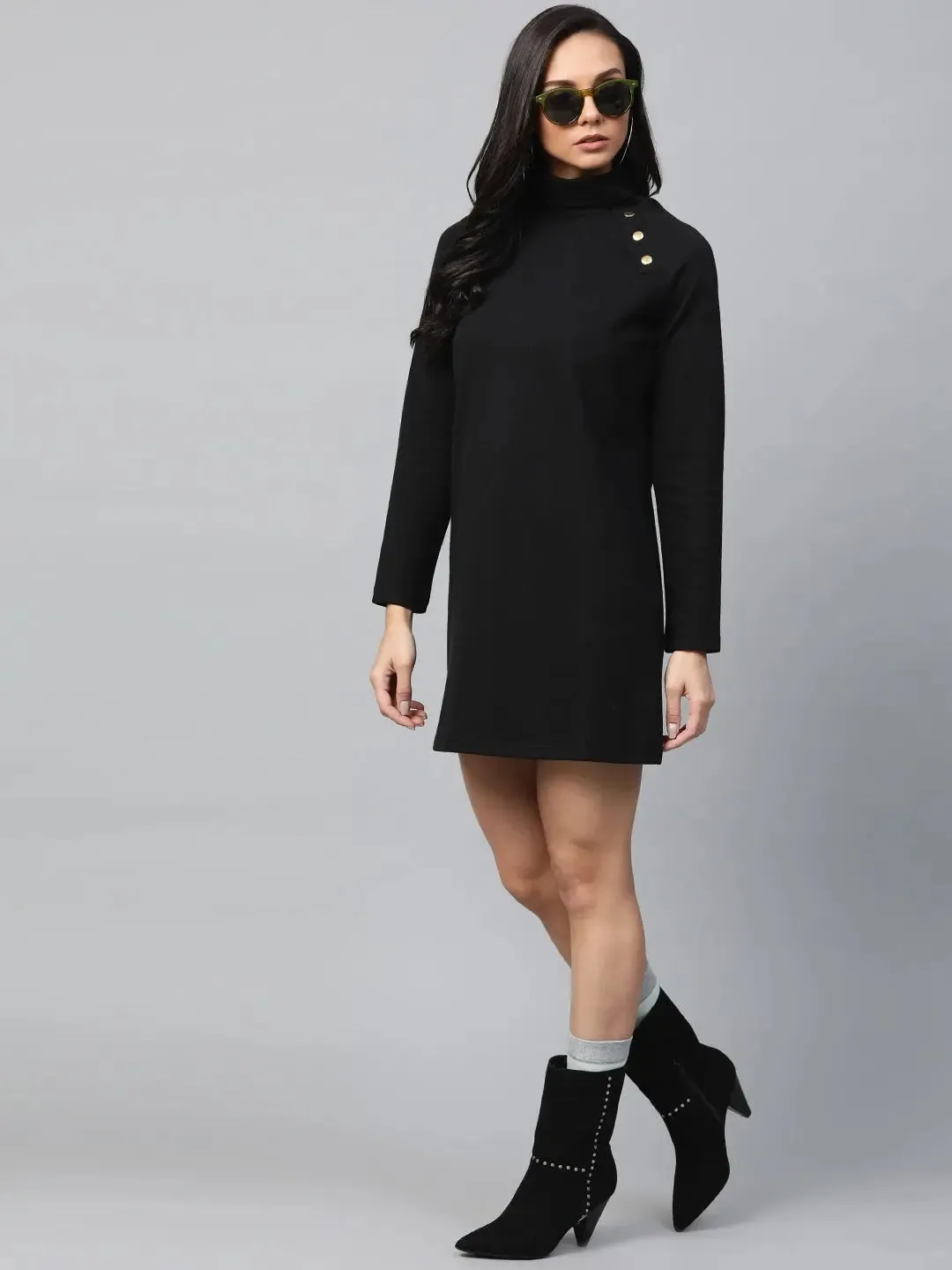 Black Rib Metal Button Detail Shift Dress
