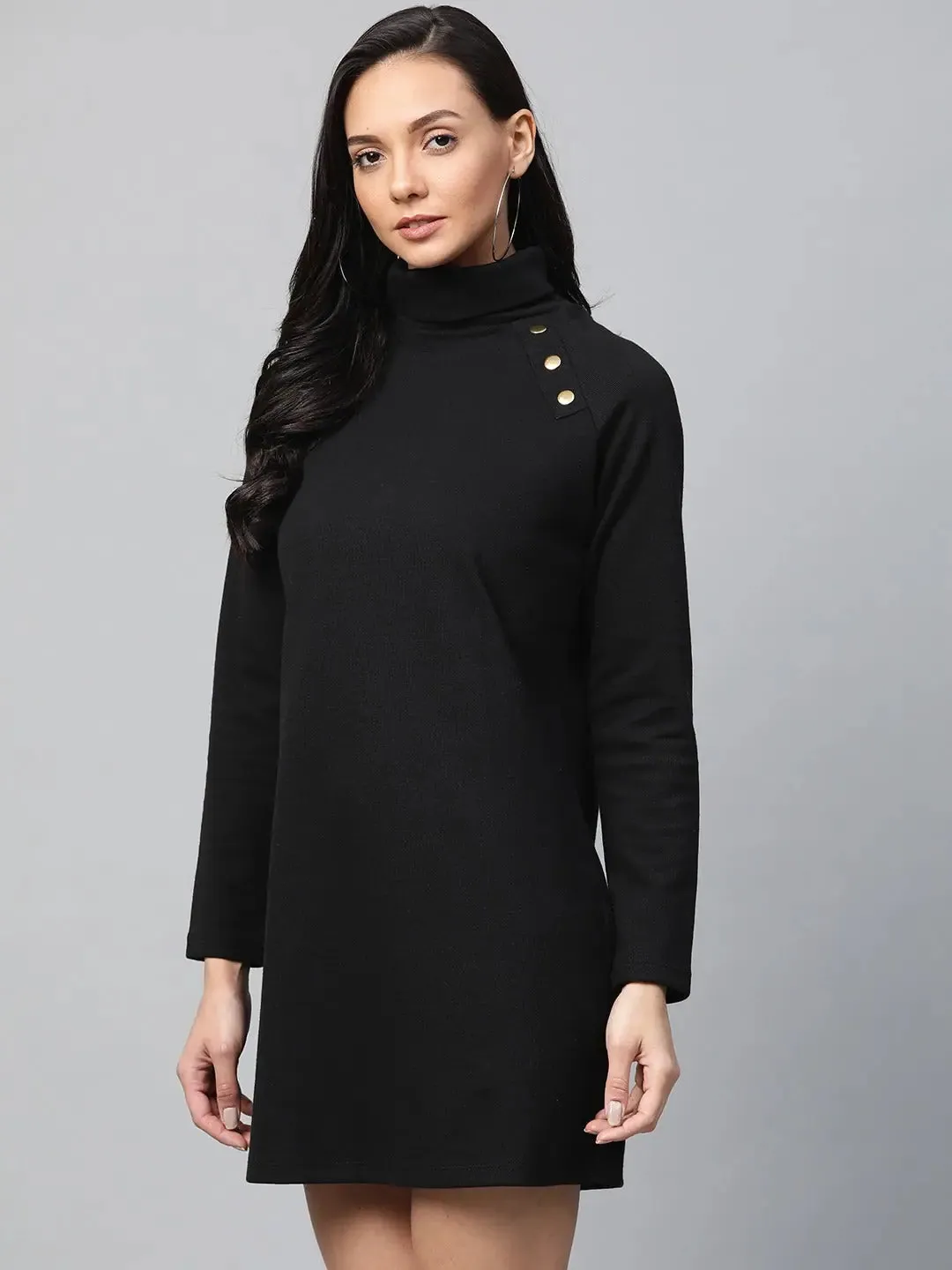 Black Rib Metal Button Detail Shift Dress